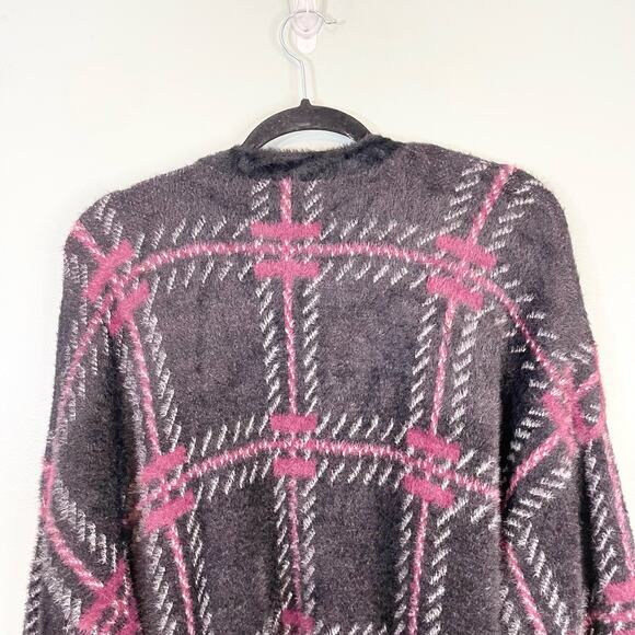 1 State Cardigan Womens XL Black Purple Plaid Long Sleeve Open Front Fuzzy Fur - Picture 5 of 7